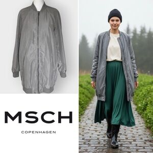 Moss Copenhagen Astro Longline Bomber Jacket Gray Satin Finish Size M